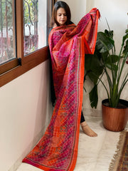 Orange, Pink Handmade Kantha Dupatta in Silk