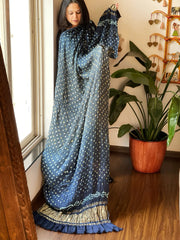 Teal, Grey Bandhani Dupatta with Zari Pallu in Modal Silk