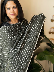 Greenish Grey Bandhani Dupatta with Zari Pallu in Modal Silk
