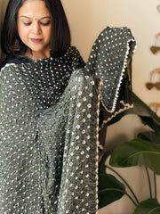 Greenish Grey Bandhani Dupatta with Zari Pallu in Modal Silk