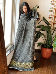 Greenish Grey Bandhani Dupatta with Zari Pallu in Modal Silk