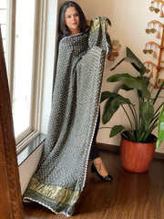 Greenish Grey Bandhani Dupatta with Zari Pallu in Modal Silk