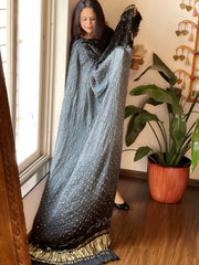Grey, Black Bandhani Dupatta with Zari Pallu in Modal Silk