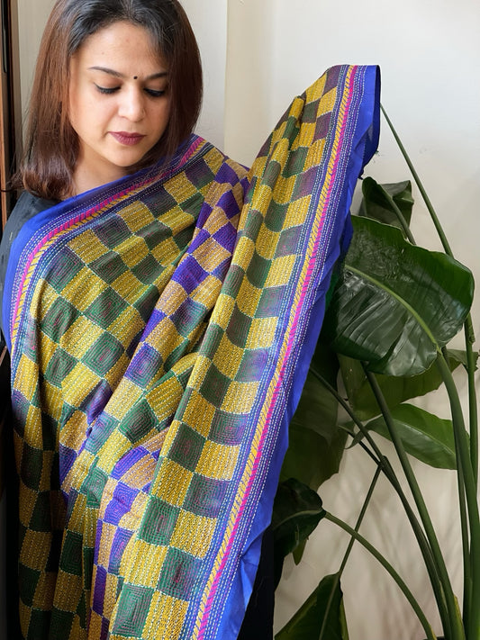 Blue, Green Handmade Kantha Dupatta in Silk