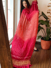 Peach, Red Bandhani Dupatta with Zari Pallu in Modal Silk