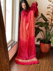 Peach, Red Bandhani Dupatta with Zari Pallu in Modal Silk