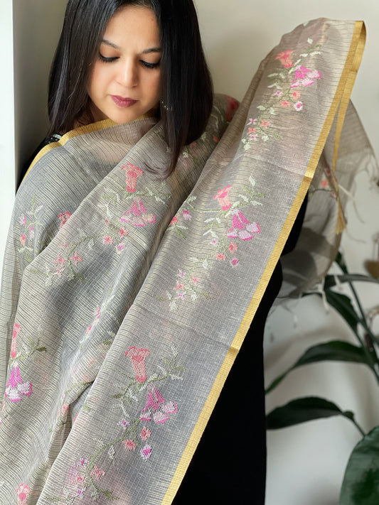 Grey Kota Organza Dupatta with cross-stitch Jaal embroidery