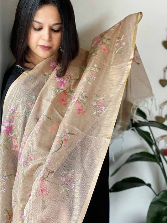 Gold Kota Organza Dupatta with cross-stitch Jaal embroidery