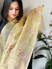 Yellow Kota Organza Dupatta with cross-stitch Jaal embroidery