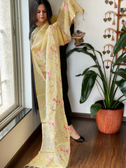 Yellow Kota Organza Dupatta with cross-stitch Jaal embroidery