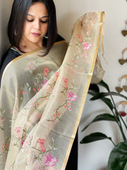 Beige Kota Organza Dupatta with cross-stitch Jaal embroidery