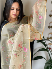 Beige Kota Organza Dupatta with cross-stitch Jaal embroidery
