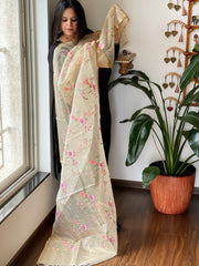 Beige Kota Organza Dupatta with cross-stitch Jaal embroidery