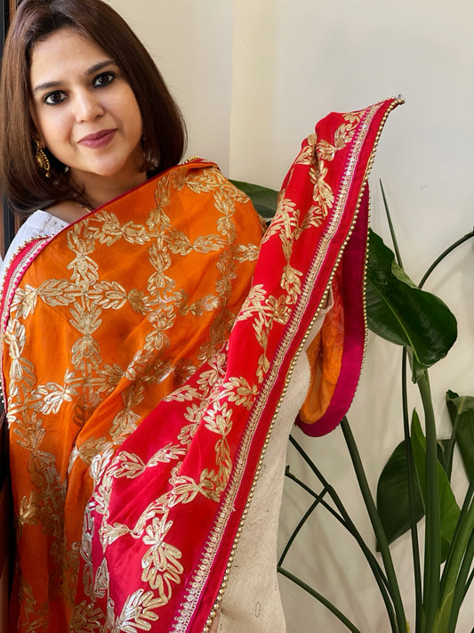 Orange, Red Chinon Dupatta with Gota Lace Work