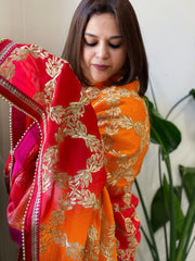 Orange, Red Chinon Dupatta with Gota Lace Work