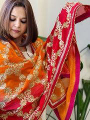Orange, Red Chinon Dupatta with Gota Lace Work