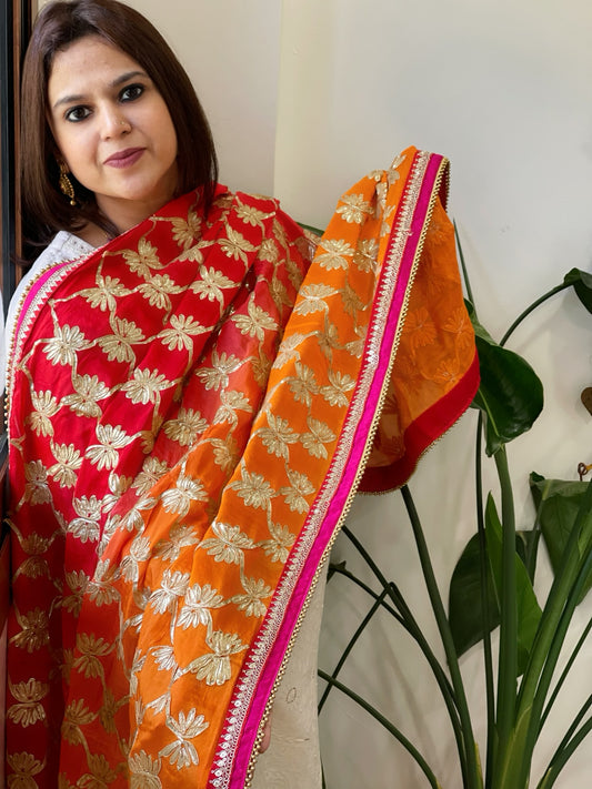 Red , Orange Chinon Dupatta with Gota Lace Work
