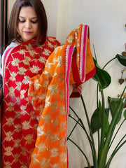 Red , Orange Chinon Dupatta with Gota Lace Work