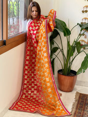 Red , Orange Chinon Dupatta with Gota Lace Work