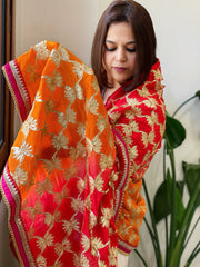 Red , Orange Chinon Dupatta with Gota Lace Work