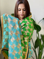 Green, Turquoise Chinon Dupatta with Gota Lace Work