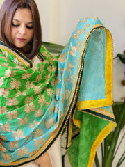 Green, Turquoise Chinon Dupatta with Gota Lace Work