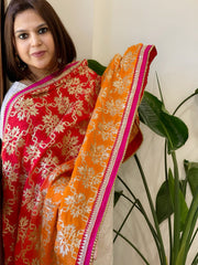 Orange, Red Chinon Dupatta with Gota Lace Work