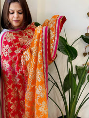 Orange, Red Chinon Dupatta with Gota Lace Work