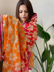 Orange, Red Chinon Dupatta with Gota Lace Work