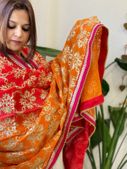 Orange, Red Chinon Dupatta with Gota Lace Work