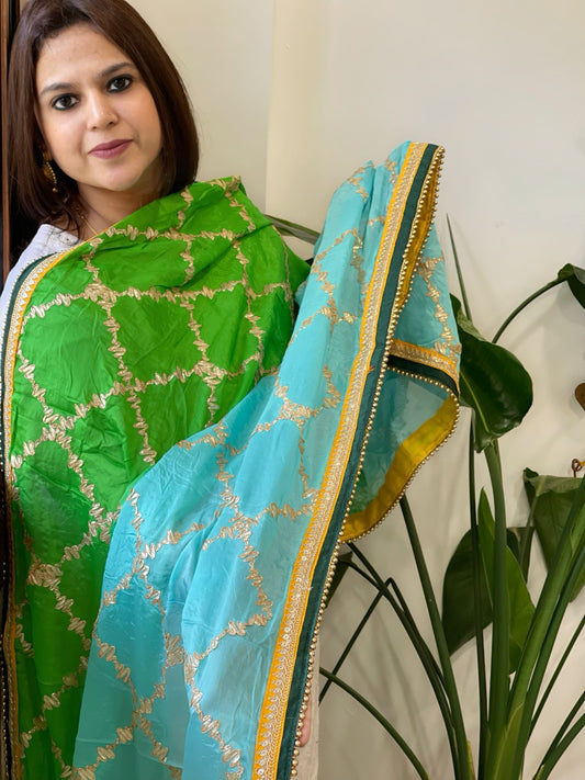 Turquoise, Green Chinon Dupatta with Gota Lace Work