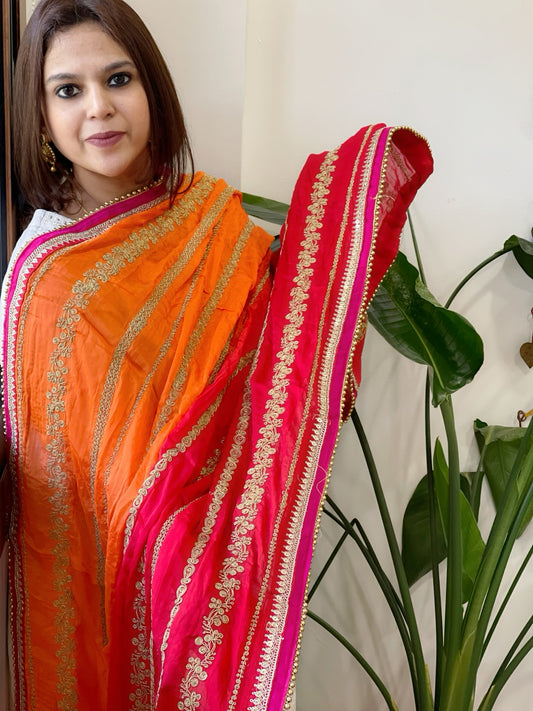 Orange, Red Chinon Dupatta with Aari Taari Embroidery
