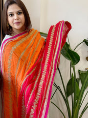 Orange, Red Chinon Dupatta with Aari Taari Embroidery