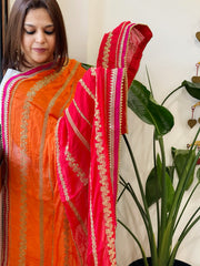 Orange, Red Chinon Dupatta with Aari Taari Embroidery