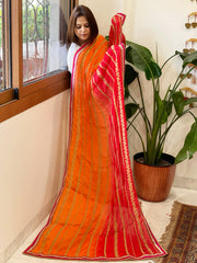 Orange, Red Chinon Dupatta with Aari Taari Embroidery