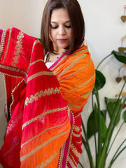 Orange, Red Chinon Dupatta with Aari Taari Embroidery