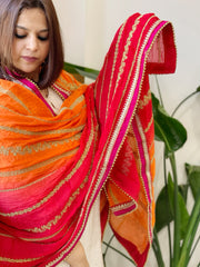 Orange, Red Chinon Dupatta with Aari Taari Embroidery