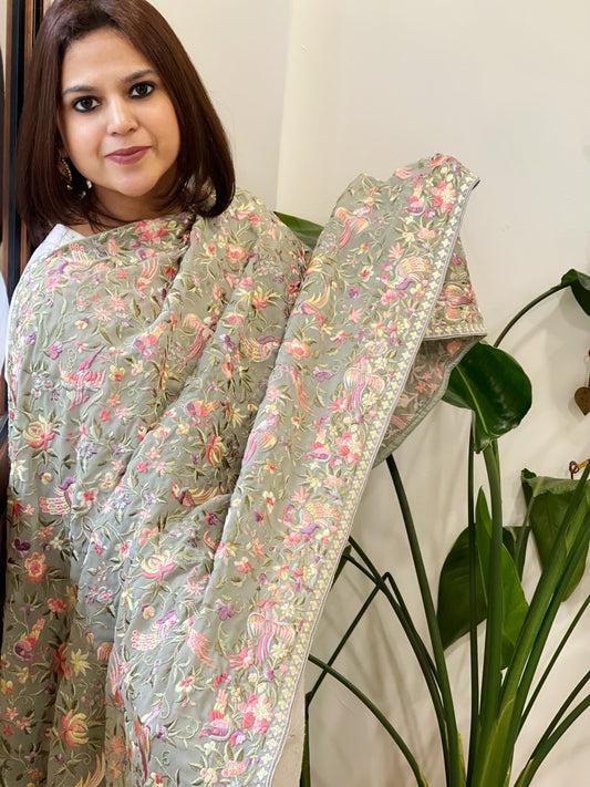 Grey Parsi Gara Embroidery Dupatta in Georgette
