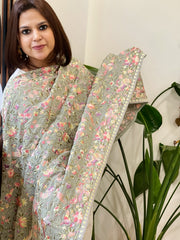 Grey Parsi Gara Embroidery Dupatta in Georgette