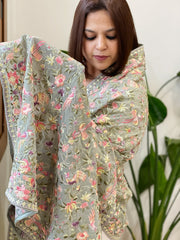 Grey Parsi Gara Embroidery Dupatta in Georgette