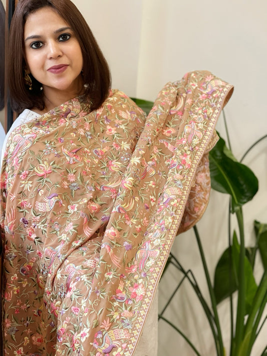 Fawn Parsi Gara Embroidery Dupatta in Georgette