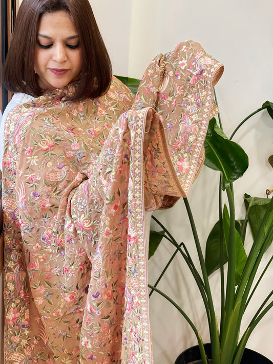 Fawn Parsi Gara Embroidery Dupatta in Georgette