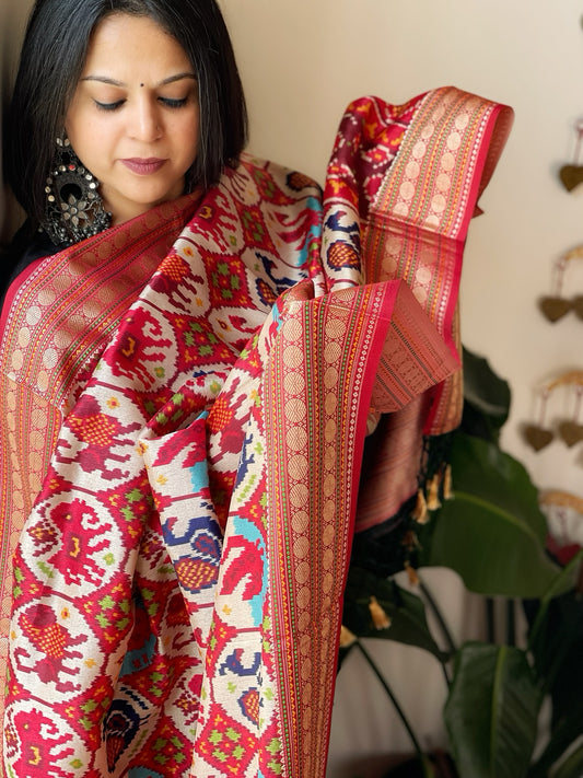 Beige Printed Patola Dupatta in Fine Art Silk