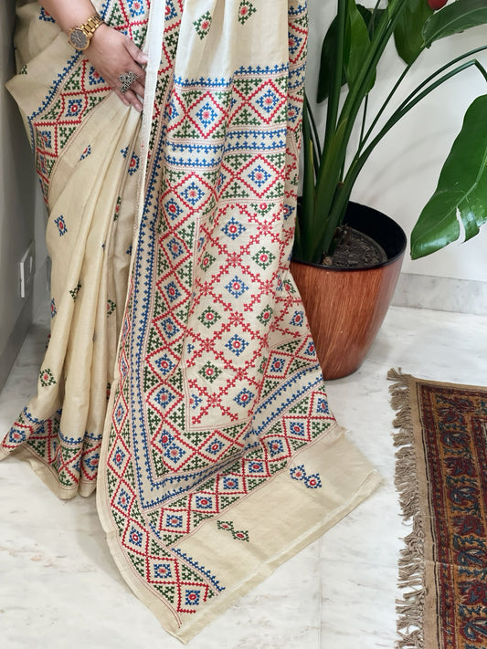Handmade Sindhi Kadhai Saree with Mirror Handwork in Pure Silk
