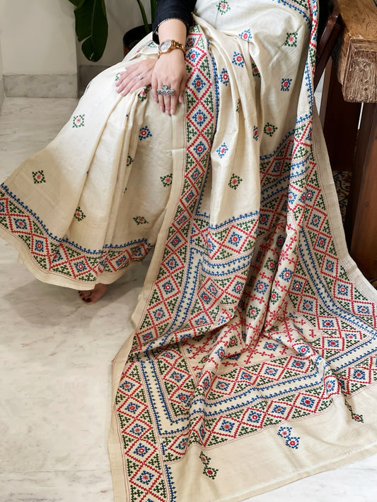 Handmade Sindhi Kadhai Saree with Mirror Handwork in Pure Silk