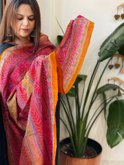 Mustard, Pink Handmade Kantha Dupatta in Silk