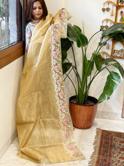 Yellowish Gold Tissue Dupatta with Organza Embroidered Border