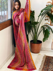 Mustard, Pink Handmade Kantha Dupatta in Silk