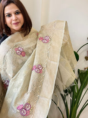 Gold Tissue Dupatta with Thread Embroidery