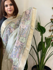 Silver Tissue Dupatta with Organza Embroidered Border